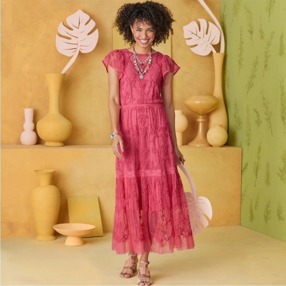 Sundance Mayfield Embroidered Dress Rose Pink Midi Lace